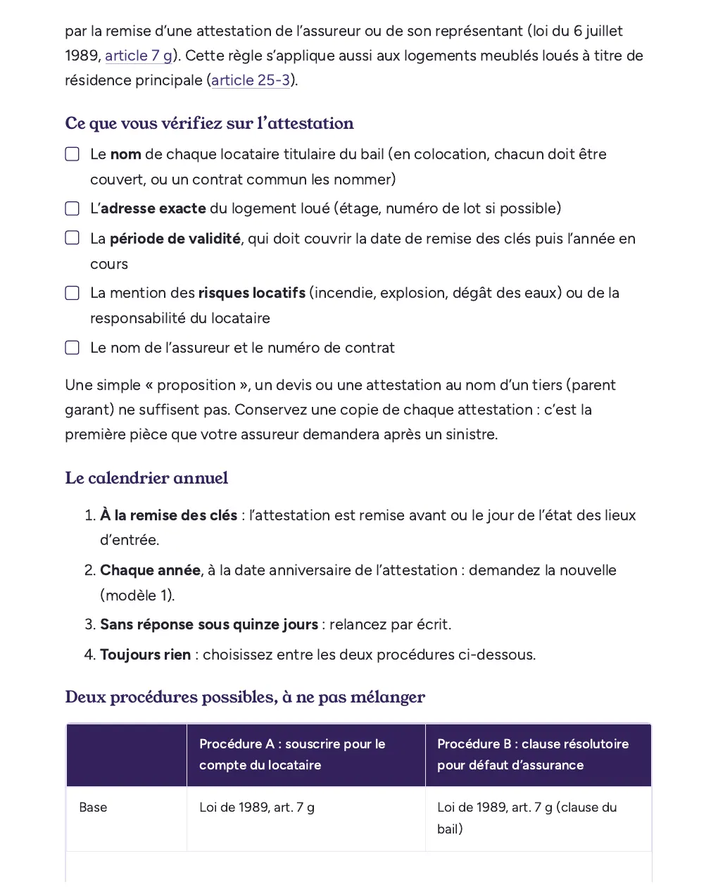 Extrait du kit payant : liste à cocher pour vérifier l’attestation d’assurance du locataire, calendrier annuel et tableau des deux procédures de l’article 7 g