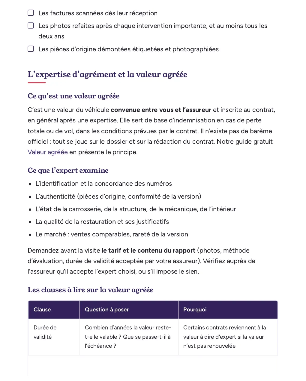 Extrait du kit payant : ce que l’expert examine et tableau des clauses de valeur agréée à vérifier dans le contrat