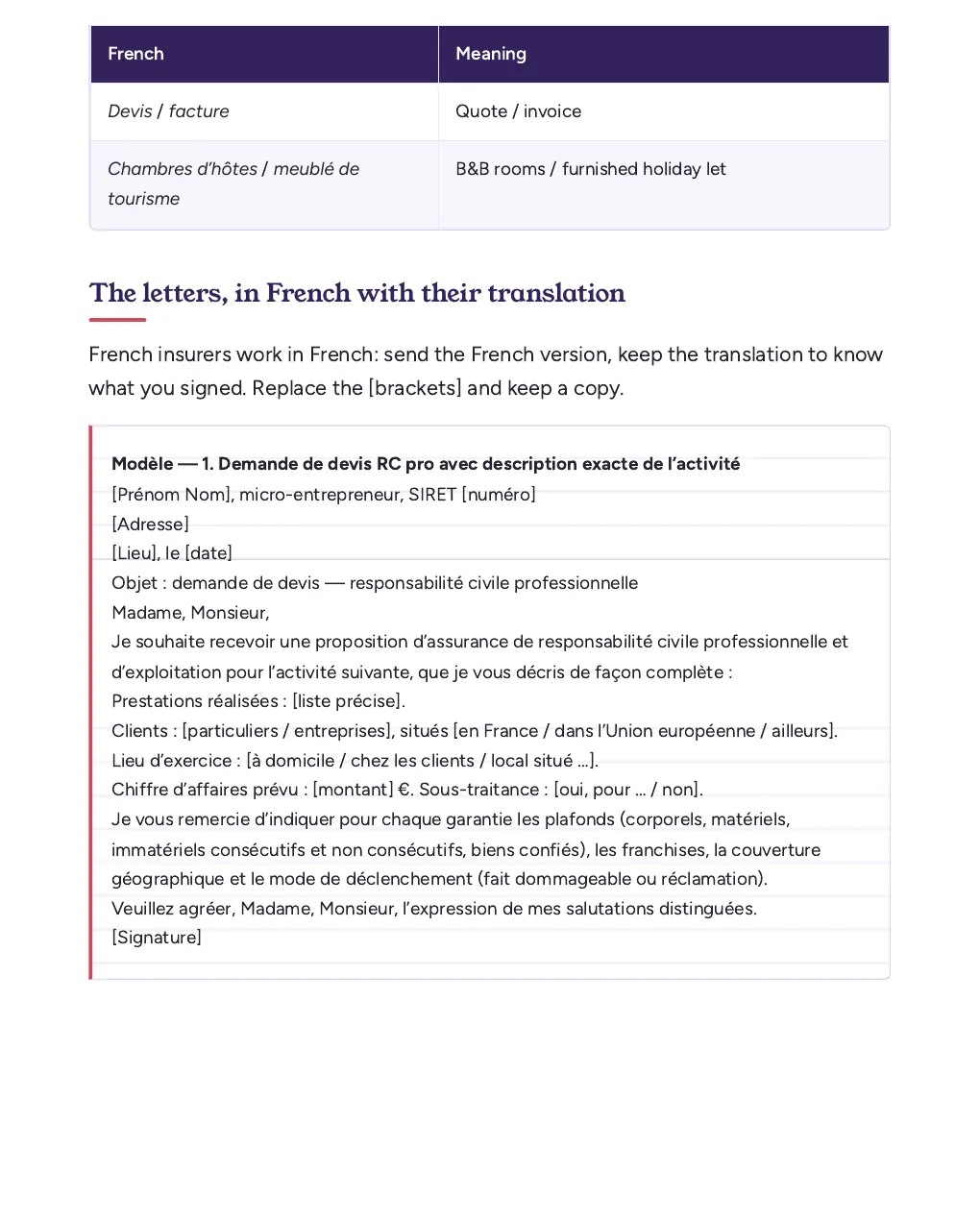 Extract of the paid kit: French letter requesting a professional liability quote, followed by its English translation