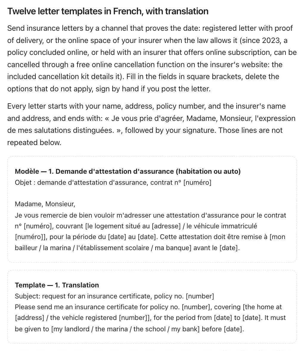 Extract of the paid pack: French letter template requesting an insurance certificate, followed by its English translation